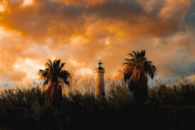 彩霞下的灯塔和椰子树