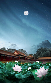 中式荷花池海报