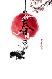 中国风 水墨红梅 红梅 腊梅 