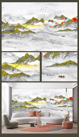 现代中式山水壁画效果图