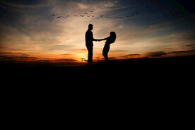 霞光下的情侣剪影和飞鸟