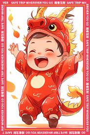 红色可爱卡通龙宝宝山水