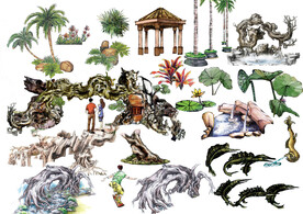 手绘  园林植物  立面配景 