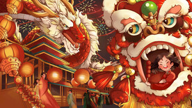 集市舞狮龙年手绘插画2024