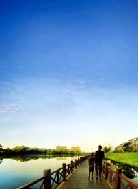 蓝天白云环湖而居