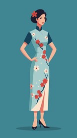 穿樱花花纹的国风旗袍美女