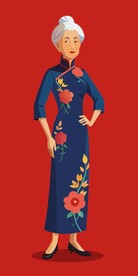 一个身穿牵牛花花纹旗袍的90岁