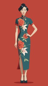 穿牡丹花纹的国风旗袍美女