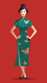 穿飞蛾花纹的国风旗袍美女