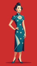 穿勿忘我花纹的国风旗袍美女