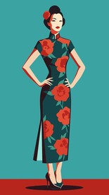 穿玫瑰花纹的国风旗袍美女