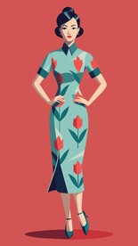 穿郁金香花纹的国风旗袍美女