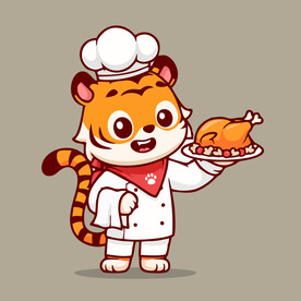 有趣老虎厨师鸡腿卡通儿童插画