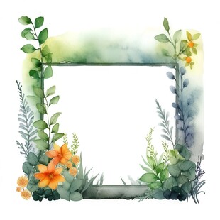 叶片树叶的边框水彩画风格插画