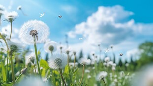 创意草地露珠蓝天吹散的蒲公英