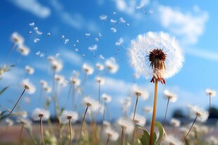 创意草地露珠蓝天吹散的蒲公英