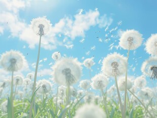 创意草地露珠蓝天吹散的蒲公英