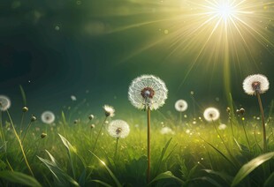 创意草地露珠蓝天吹散的蒲公英