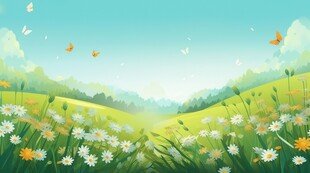 明媚清晨鲜花蝴蝶菊花叶子草地图