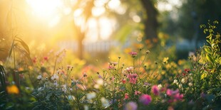 明媚清晨鲜花蝴蝶菊花叶子草地图