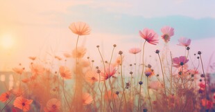 明媚清晨鲜花蝴蝶菊花叶子草地图