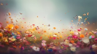 明媚清晨鲜花蝴蝶菊花叶子草地图