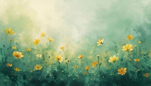 明媚清晨鲜花蝴蝶菊花叶子草地图