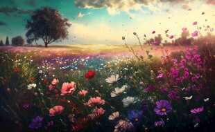 明媚清晨鲜花蝴蝶菊花叶子草地图