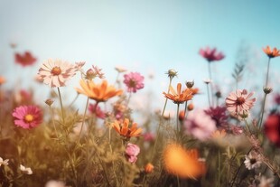 明媚清晨鲜花蝴蝶菊花叶子草地图