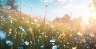 明媚清晨鲜花蝴蝶菊花叶子草地图