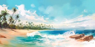 海滩景色云椰子树大海沙滩