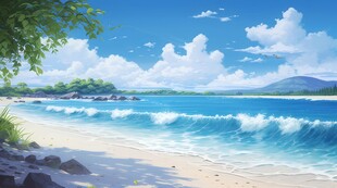 海滩景色云椰子树大海沙滩