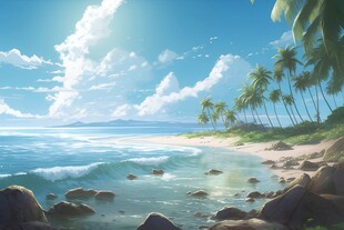 海滩景色云椰子树大海沙滩