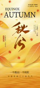 金黄色落叶主题秋分节气海报