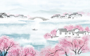 粉色桃树水墨画