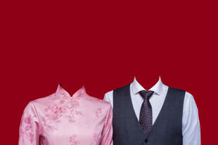 粉色旗袍西装结婚证件照