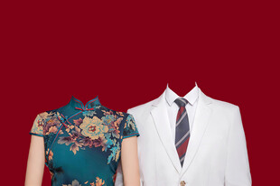 旗袍白西装结婚证件照