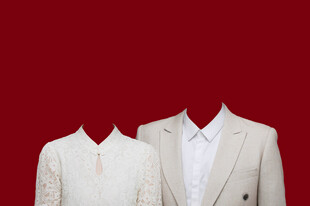 米黄色服饰结婚证件照