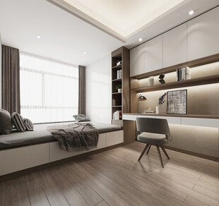 卧室小空间榻榻米书桌床现代装修