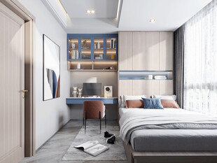 卧室小空间榻榻米书桌床现代装修