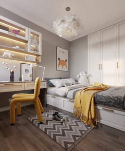 卧室小空间榻榻米书桌床现代装修