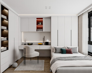 卧室小空间榻榻米书桌床现代装修