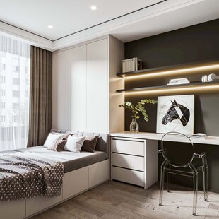 卧室小空间榻榻米书桌床现代装修