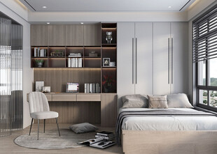 卧室小空间榻榻米书桌床现代装修
