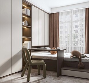 卧室小空间榻榻米书桌床现代装修