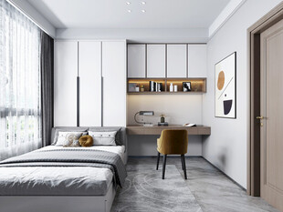 卧室小空间榻榻米书桌床现代装修