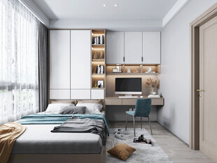 卧室小空间榻榻米书桌床现代装修