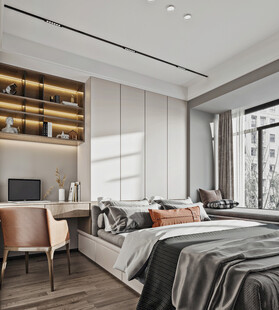 卧室小空间榻榻米书桌床现代装修