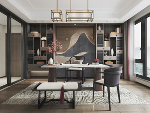 现代简约高级感新中式复古风书房