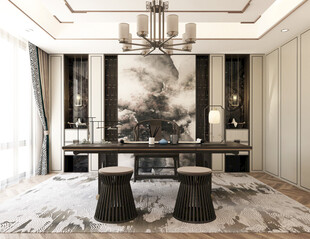 现代简约高级感新中式复古风书房